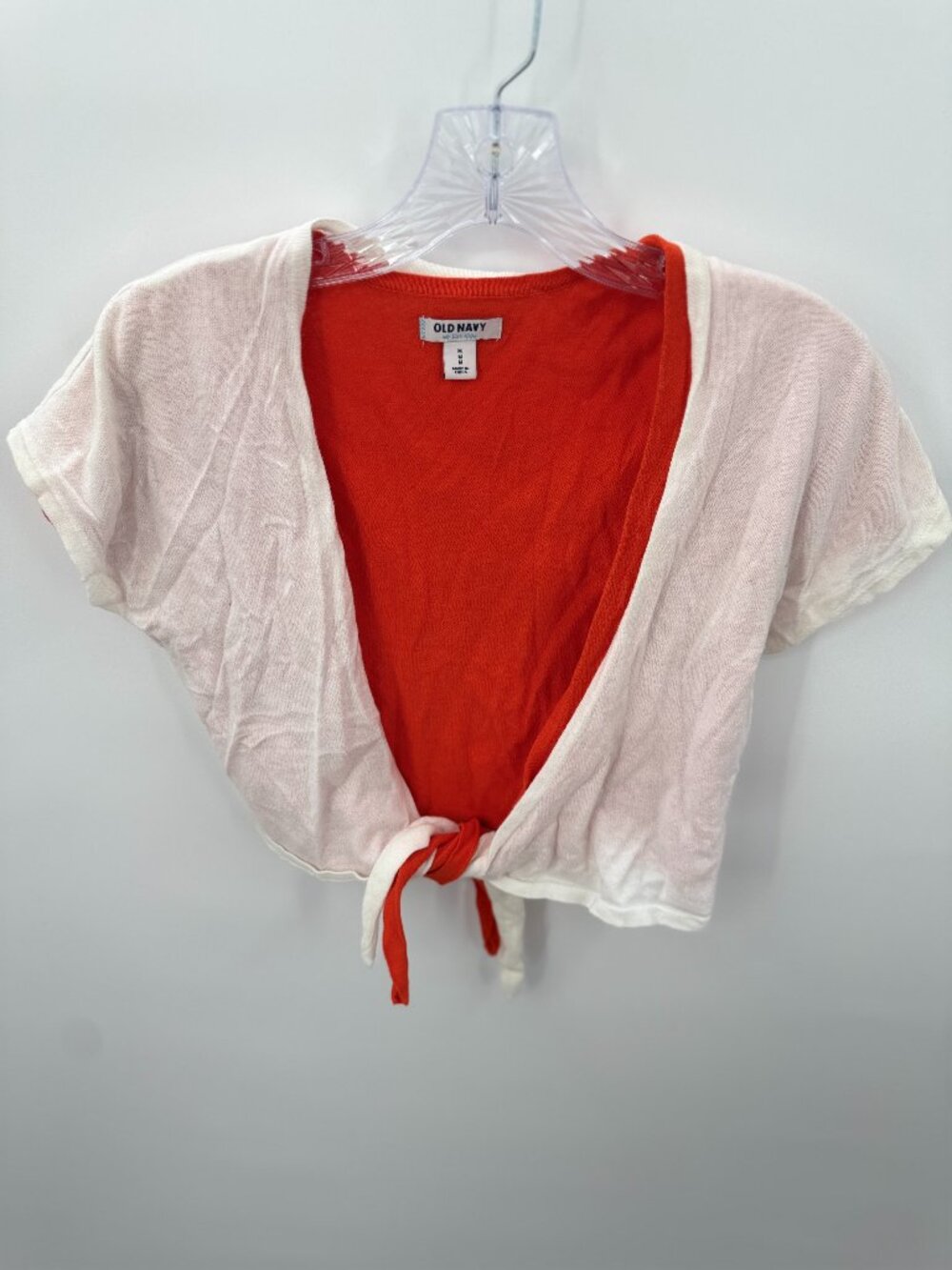 Old Navy Girls Medium 7-8 Layered 2-in-1 Tie Front Shrug Sweater Top Orange Whit